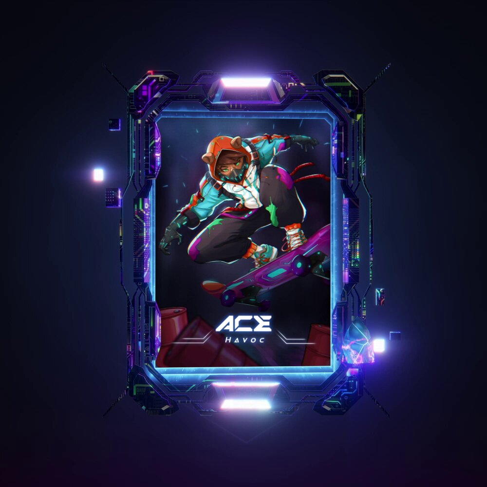 The image features an art piece with a skateboarder wearing a hoodie and pants performing a trick while riding the skateboard against a dark background. The skateboarder's face is partially visible, adding to the overall visual appeal of the artwork. The image also includes text that reads "ACE NFT" and "Marcello interviewed the Hamieverse team". This suggests that the art piece might be related to an ACE NFT or could potentially be a part of a larger project involving the Hamieverse team, such as creating a video game or developing a virtual reality experience.