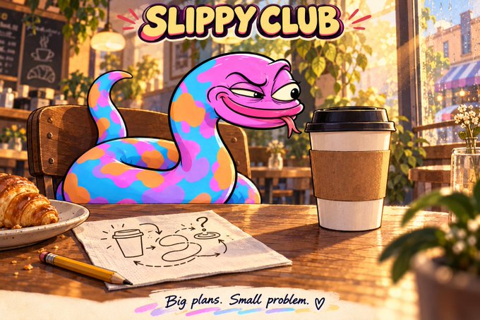 A colorful cartoon illustration titled "SLIPPY CLUB" showing a smug pink and blue spotted snake sitting at a cafe table next to a coffee cup and a drawing, with the tagline "Big plans. Small problem. ♡".