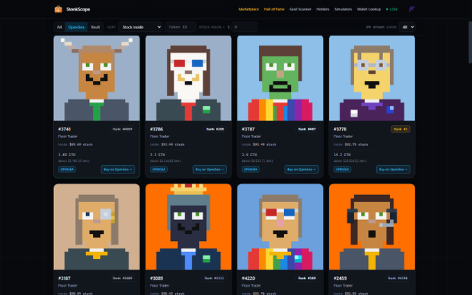 The image shows StonkScope's OpenSea marketplace displaying pixel-art NFT characters (#3741, #3786, #3767, #3778, #1187, #3009, #4220, #2459) priced in ETH, each marked as an OpenSea "Floor Trader" listing with buy options visible. It illustrates the platform's feature of comparing NFT prices alongside the real stocks (like NVDA, AAPL, AMZN) held inside each "StonkBroker" token, letting buyers preview the underlying assets before purchasing.