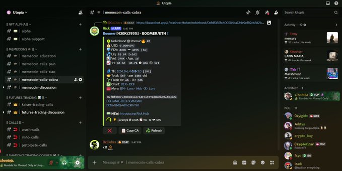 A Discord chat interface showing a channel named 'memecoin-calls-cobra' with a bot post advertising a token called 'Boomer [430K/293%] · BOOMER/ETH' with a contract address and various token metrics.