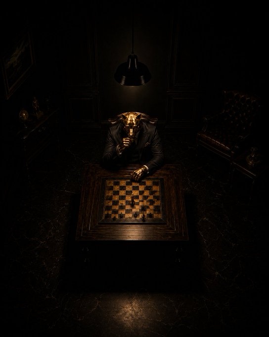 A dark, moody scene of a figure wearing a horned mask seated at a chess board illuminated by a single overhead lamp.
