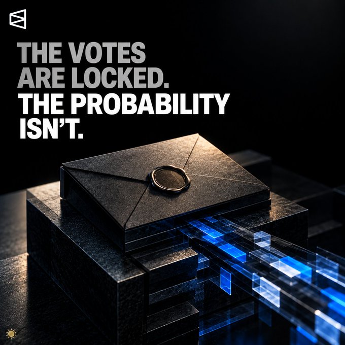 A dark promotional image featuring the bold white text 'THE VOTES ARE LOCKED. THE PROBABILITY ISN'T.' next to a dark pyramid-like structure with a wax seal, alongside blue translucent data blocks, with a small Ethereum-style logo in the bottom left.