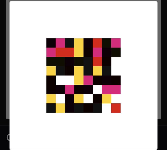 A pixelated art piece on a white background featuring a grid of colorful squares in yellow, red, pink, white, and black.