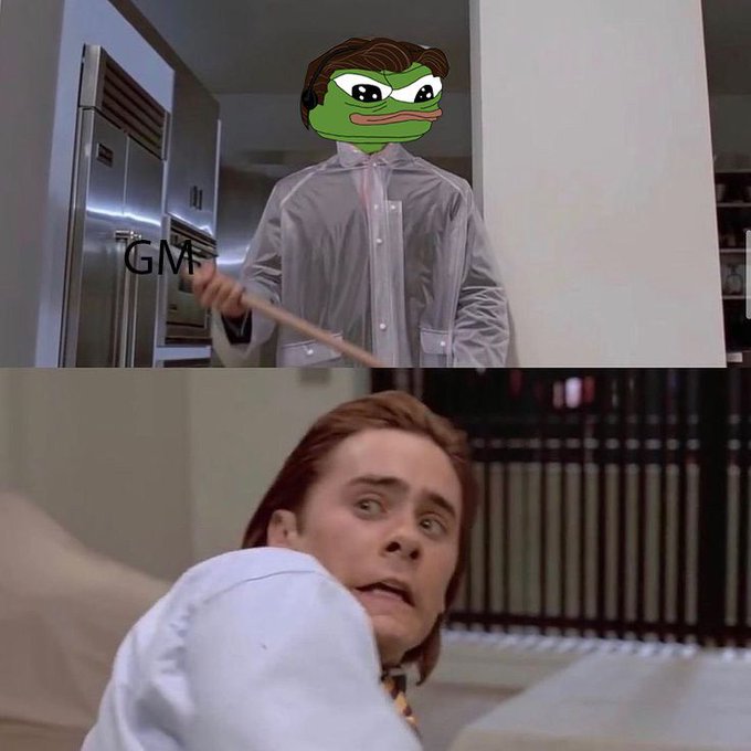 A two-panel meme shows a person in a kitchen with a cartoon frog face overlay holding a wooden stick above a startled man below; handwritten text near the appliance reads “GMF.”