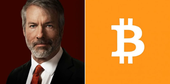 A split image showing a man in a suit with a gray beard against a dark red background on the left, and the Bitcoin logo '₿' on an orange background on the right.