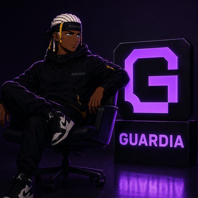 An anime-style illustration of a character with blonde braided hair, wearing a black hoodie and Jordan sneakers, sitting confidently in a chair next to a glowing purple 'G' logo and 'GUARDIA' text.