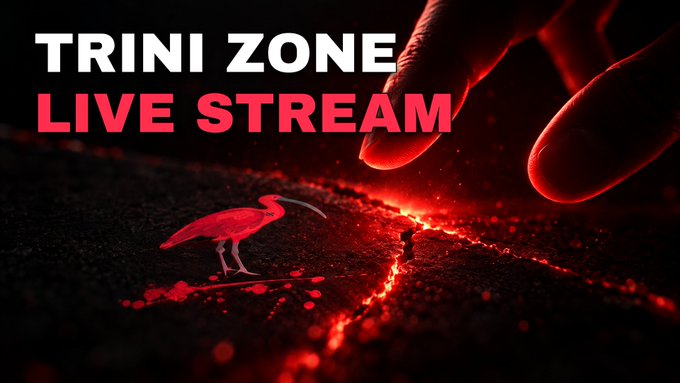 A promotional banner reading 'TRINI ZONE LIVE STREAM' featuring a red-tinted image of a hand near cracked ground with an ibis bird.