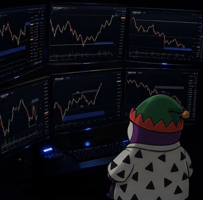 An animated character wearing a green and red elf hat and a patterned white shirt sits in front of a multi-monitor setup displaying Bitcoin (BTCUSD) candlestick charts and trading data.