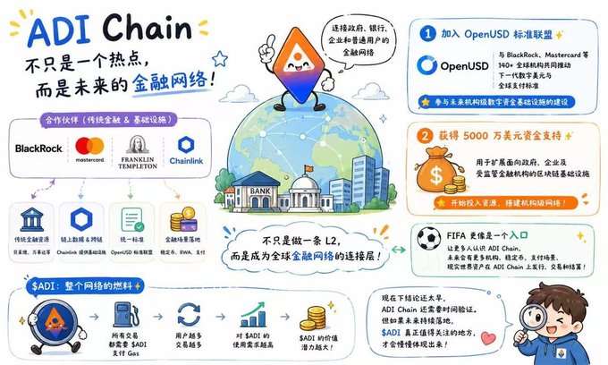 The image is a promotional infographic for ADI Chain, highlighting its partnerships with BlackRock, Mastercard, Franklin Templeton, and Chainlink as infrastructure providers, its membership in the OpenUSD standard alliance alongside these financial giants, its receipt of $50 million in funding, and its role as an L2 becoming a connectivity layer for the global financial network through its FIFA partnership. The caption reinforces the post's revelation that ADI Chain is more than just a trending FIFA collaboration, showcasing it as a serious financial infrastructure project backed by major institutional partners.