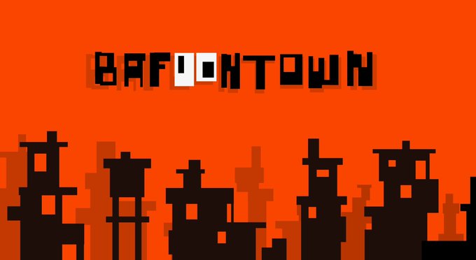 Promotional graphic for the "Bafoontown" NFT mint featuring a pixelated cityscape silhouette against an orange background, with "BAFOONTOWN" displayed in bold retro-style lettering. The image visually ties to the mint announcement, depicting the new "residence" for the 3,333 Bafoons collection launching September 13 at 11:00AM ET.