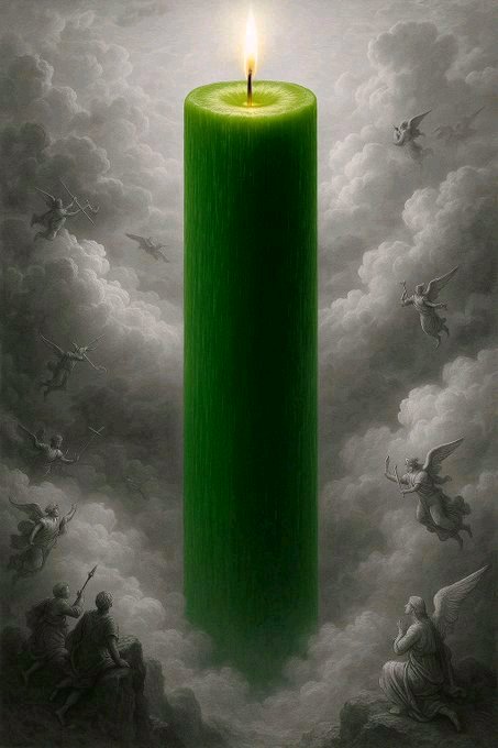 A surreal artistic painting depicting a massive green candle with a glowing flame, surrounded by angelic and demonic figures in cloudy skies. The towering candle dominates the composition against a backdrop of swirling gray clouds.