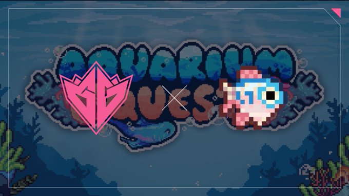 The image features a poster for an online gaming platform called Aquarium Quest Co. The poster showcases two fish swimming through pixelated underwater scenes, with the words "Aquarium Quests" written above them. Below this, there are two lines of text that read " GG @AquariumQuestCo We've secured 20 playtest passes for Aquarium Quest's newly launched Public Alpha Playtest 1!". The poster also includes a small pink logo in the bottom left corner and a pink heart symbol on the right side.