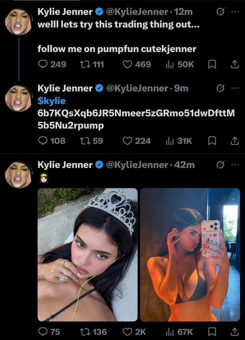 A series of tweets from "Kylie Jenner @KylieJenner" reads "welll lets try this trading thing out... follow me on pumpfun cutekjenner" and "Skylie," accompanied by photos of her wearing a tiara and a black bikini.