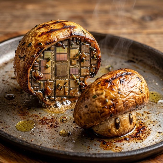 A surreal image of a roasted potato cut in half on a dark plate, where the interior of the larger half reveals an intricate, glowing microchip pattern instead of typical starchy flesh.