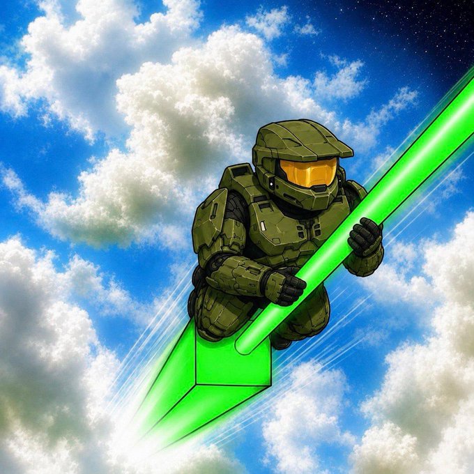 An anime-style illustration depicts Master Chief from Halo in green armor riding a glowing green lightsaber rocket through a cloudy blue sky.