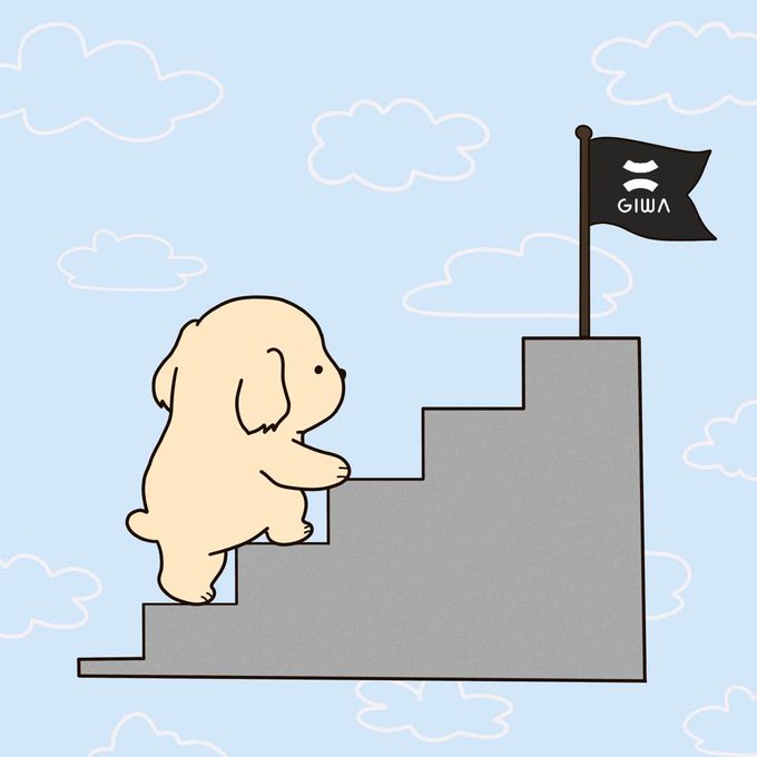 An illustration depicts a small beige dog climbing a gray staircase toward a black flag bearing a stylized beard logo and the text 'GIWA' against a sky-blue background with clouds.