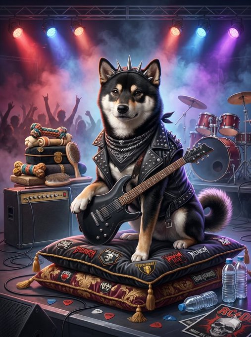 A digital illustration of a Shiba Inu dog wearing a leather jacket and bandana, playing an electric guitar on a pillow on a concert stage with colorful stage lights.