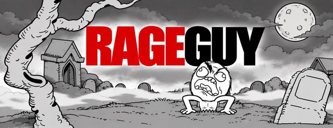 Black and white illustration for 'RAGEGUY' featuring the angry, teeth-gritting face character standing in a graveyard with tombstones under a full moon.