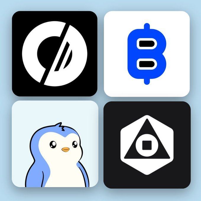 A 2x2 grid of four square app icons: a black icon with a white slashed circle (top left), a blue 'B' on a white background (top right), a cartoon blue penguin (bottom left), and a white triangle with a square and circle on a black background (bottom right).