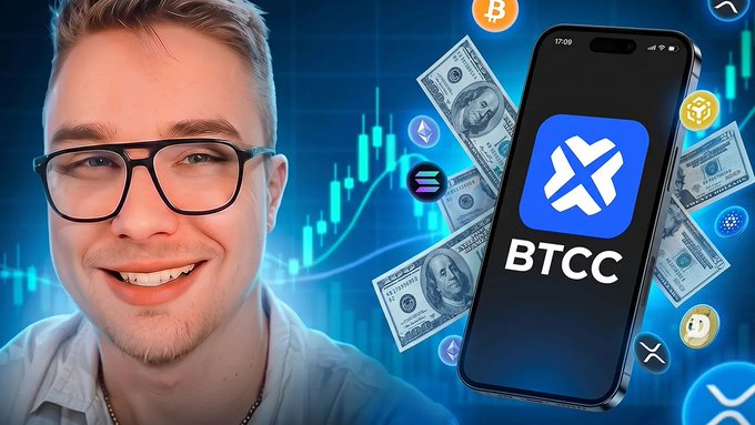 A promotional image featuring a young man with glasses smiling next to a smartphone displaying the BTCC app logo, surrounded by floating dollar bills, cryptocurrency icons, and stock market graphics.
