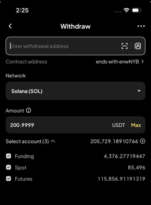 A mobile app screen showing a "Withdraw" page for 200.9999 USDT on the Solana (SOL) network, with entered withdrawal address and three selected accounts (Funding, Spot, Futures) totaling 205,729.18910766 USDT. The image backs up the post by visually demonstrating the airdrop sender withdrawing USDT via Solana to share with followers.