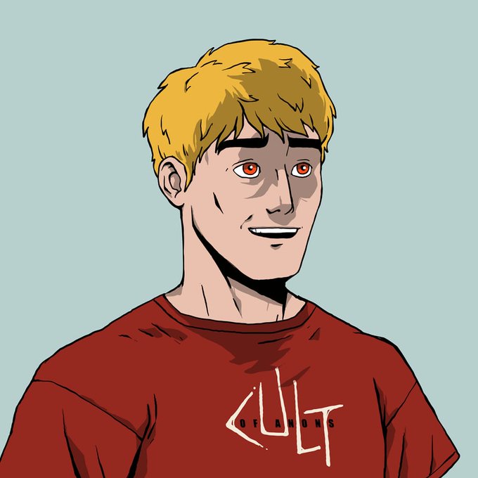 A digital illustration of a blonde-haired young man with red eyes, wearing a red t-shirt featuring the text "CULT OF BROWS" in white stylized lettering.