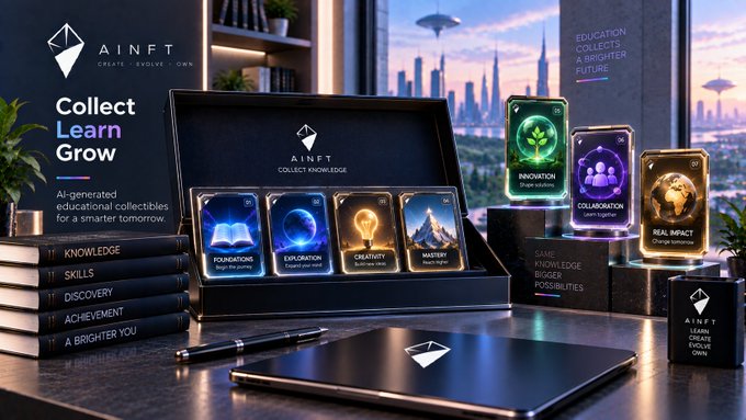A promotional image for "AINFT" displaying a collection of AI-generated educational NFT cards (Foundations, Exploration, Creativity, Mastery, Innovation, Collaboration, Real Impact) arranged in a presentation box on a desk, with the tagline "Collect Learn Grow."