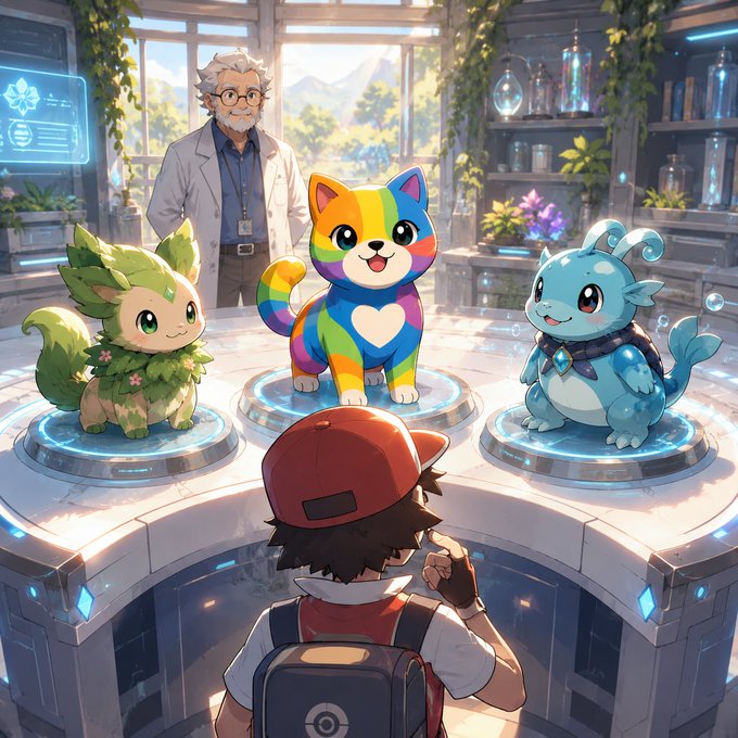 A colorful anime-style illustration of a young trainer with a red cap looking at three cute creature companions—a grass-type, a rainbow cat, and a blue water-type—with an elderly scientist watching in a laboratory setting.