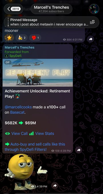 A screenshot of a Telegram channel "Marcell's Trenches" showing a SpyDefi bot notification that announces "@marcellcooks made a x100+ call on Basecat," with the token price moving from $682K to $69M, captioned "Achievement Unlocked: Retirement Play!"—visually confirming the 100x gain on the $Basecat call mentioned in the post.