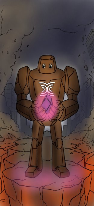 A stylized illustration of a brown, robotic golem-like figure standing on a rocky outcrop in a dark, ruined landscape, holding a glowing pink crystal that bears the XRP (Ripple) cryptocurrency logo.