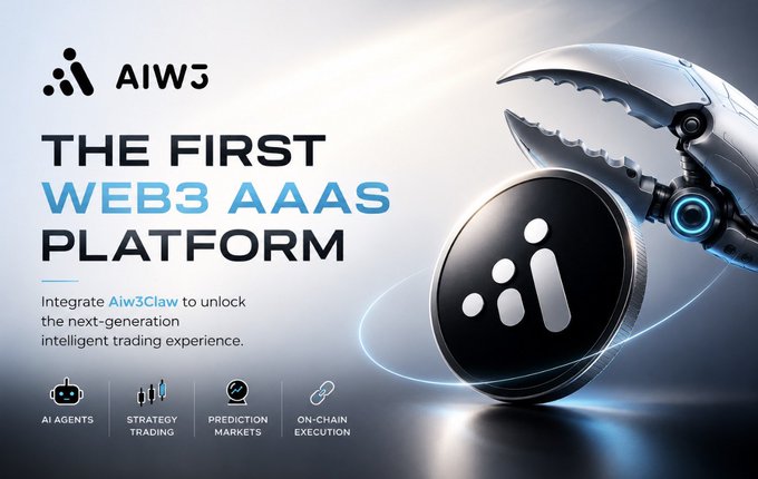 A promotional banner for AIW3, branded as "THE FIRST WEB3 AAAS PLATFORM," features a robotic claw gripping a black AIW3 token alongside feature icons for AI Agents, Strategy Trading, Prediction Markets, and On-Chain Execution, with copy promoting "Aiw3Claw" for a next-generation intelligent trading experience—directly highlighting the AI-driven trading tools and prediction market partnerships mentioned in the accompanying post about the upcoming AIW3 TGE.