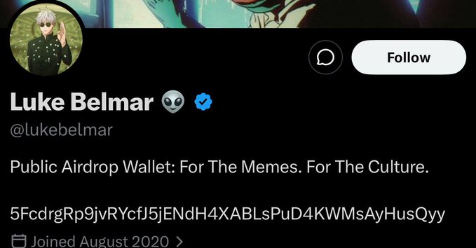Twitter/X profile for Luke Belmar (@lukebelmar) with an alien emoji and blue checkmark, featuring the bio 'Public Airdrop Wallet: For The Memes. For The Culture.' and a Solana wallet address (5FcdrgRp9jvRYcfJ5jENdH4XABLsPuD4KWMsAyHusQyy).