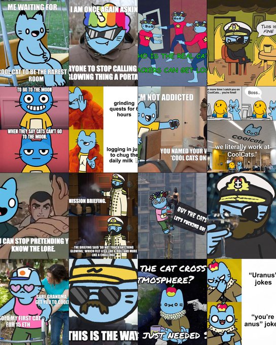 A collage of meme images featuring Gumball and other blue cartoon cats with various humorous captions including 'ME WAITING FOR', 'COOL CAT TO BE THE RAREST ROOM', 'I'M NOT ADDICTED', 'MISSION BRIEFING', and 'THIS IS THE WAY'.