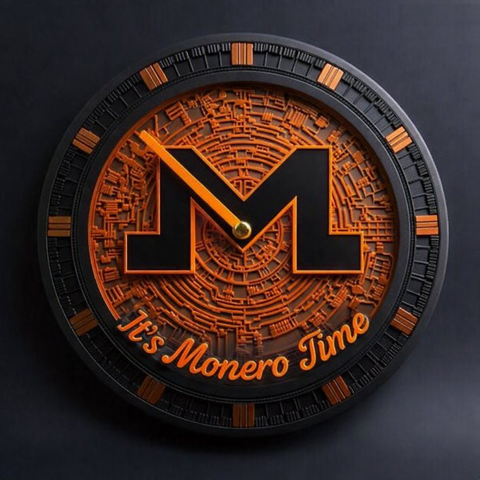 A 3D-rendered circular medallion featuring a large Monero 'M' logo in the center with orange clock hands and the text 'It's Monero Time' curving along the bottom.