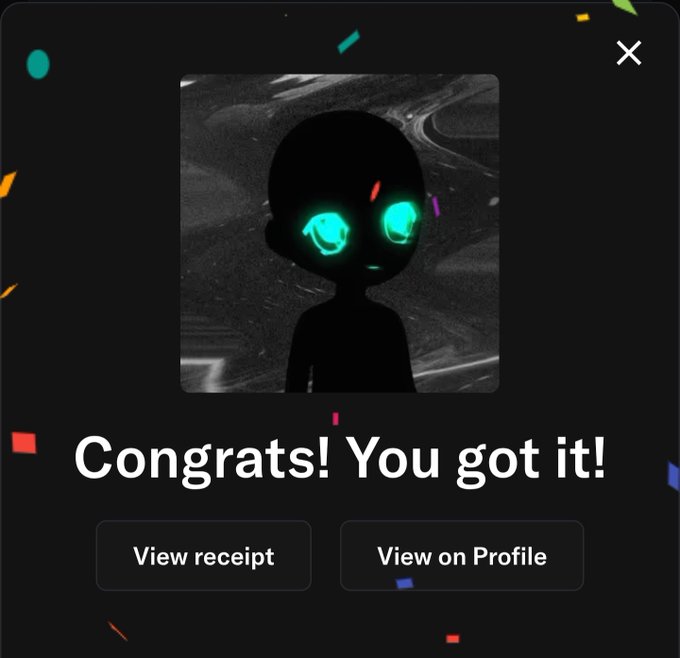 A celebration pop-up with a dark cartoon character featuring glowing teal eyes appears, displaying the message "Congrats! You got it!" with options to "View receipt" and "View on Profile." This is a successful minting confirmation screen for the Ritiliow NFT collection, reflecting the free mint that has now been valued at $25.