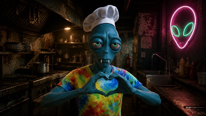 A surreal portrait of a blue alien-like character wearing a white chef's hat and tie-dye shirt, making a heart shape with its hands in a dimly lit kitchen, with a glowing pink and green neon alien mask sign on the wall behind.
