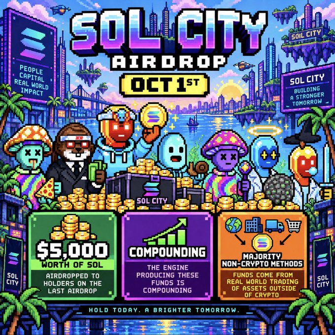 A vibrant pixel-art promotional graphic for 'SOL CITY AIRDROP' dated 'OCT 1ST,' featuring '$5,000 WORTH OF SOL' for holders, with sections on 'COMPOUNDING' and 'MAJORITY NON-CRYPTO METHODS,' and the tagline 'HOLD TODAY. A BRIGHTER TOMORROW.'