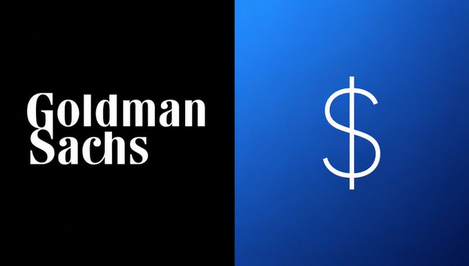 Goldman Sachs logo displayed on a black background next to a blue panel with a white dollar sign.