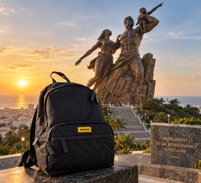 A black 'RANNACK' backpack sits in the foreground with the African Renaissance Monument in Dakar, Senegal, visible in the background during a golden sunset.