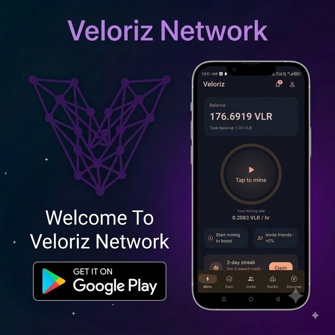 A promotional graphic for 'Veloriz Network' featuring a phone mockup showing a balance of '176.6919 VLR' and a 'Tap to mine' button, with a 'GET IT ON Google Play' badge.