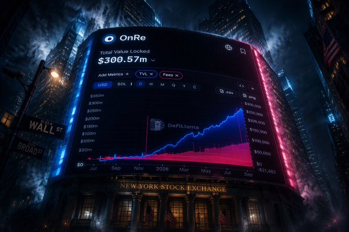 A digital billboard above Wall Street displays OnRe's Total Value Locked at $300.57m with an upward trending chart and DeFiLlama branding, set against a dark, stylized cityscape.