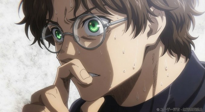 Anime-style close-up of a young man with brown hair, round glasses, and striking green eyes, sweating nervously with his hand near his mouth.