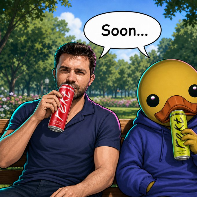 A man in a navy polo shirt and a yellow duck character in a blue hoodie sit on a park bench drinking from energy drink cans (red and yellow), with a speech bubble reading 'Soon...'.