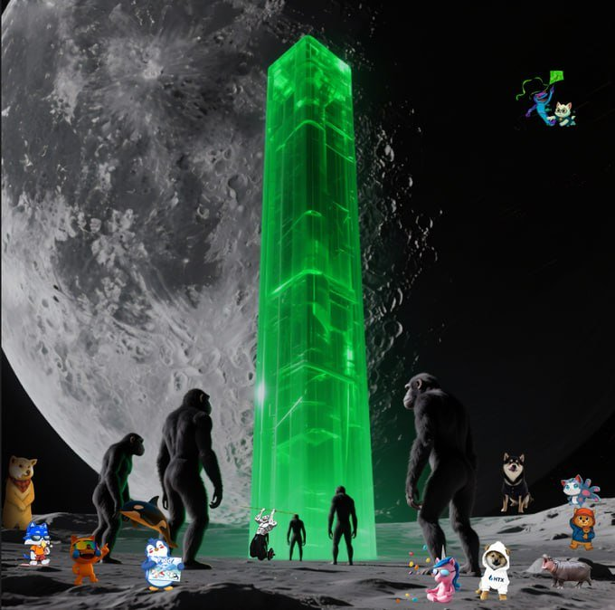 A glowing green obelisk rises on the moon's surface, surrounded by gorilla silhouettes and various cartoon characters (including Sonic, Smurfs, sharks, and critters), with colorful figures floating above. The image visualizes the post's "Uptober" theme by depicting a monumental, community-driven build-up event among diverse online factions.