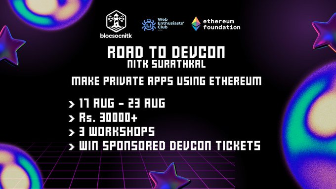 A retro-styled promotional graphic for "Road to Devcon" at NITK Surathkal, featuring logos for Biocosocnitk, Web Enthusiasts Club, and the Ethereum Foundation, with details highlighting a ₹30,000+ prize pool, three workshops, sponsored Devcon tickets, and the theme "Make Private Apps using Ethereum" running August 17-23.