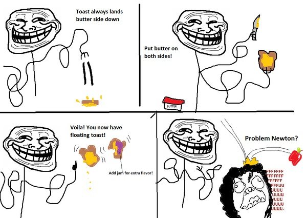 A four-panel trollface meme explaining a joke solution to Murphy's Law by putting butter on both sides of toast to make it float, culminating in 'Problem Newton?' with an apple hitting Isaac Newton's head.
