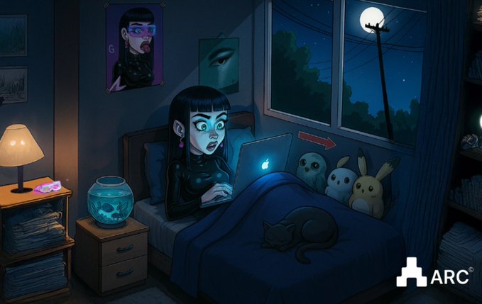A stylized cartoon illustration of a goth girl looking shocked at her glowing laptop in bed at night, with an ARC logo in the bottom right corner.
