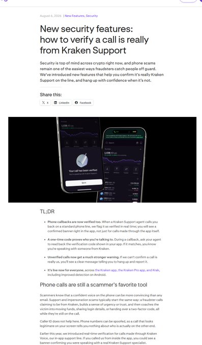 Kraken news article titled "New security features: how to verify a call is really from Kraken Support," dated August 8, 2025, explaining phone callback verification, one-time codes, and warnings against phone-based scams.