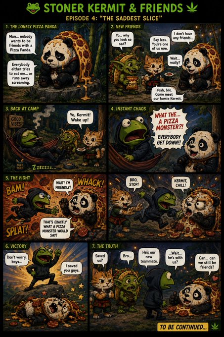 A comic strip titled 'STONER KERMIT & FRIENDS - EPISODE 4: THE SADDEST SLICE' with seven panels featuring Kermit the Frog, a cat, and a panda in a pizza-themed adventure, ending with 'TO BE CONTINUED.'