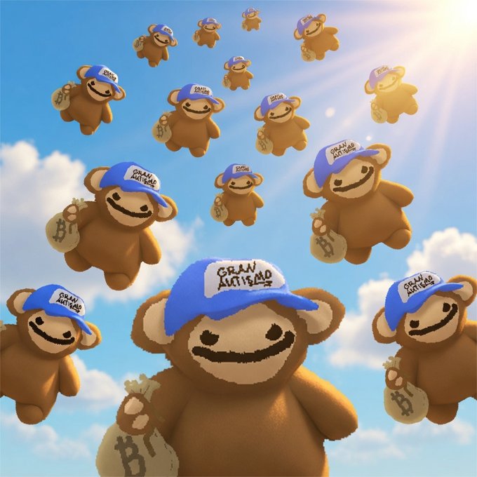 A surreal image of multiple identical brown teddy bear-like figures wearing blue caps labeled 'GRAN AUTISMO' and holding money bags with a 'B' symbol, floating against a bright blue sky with clouds.